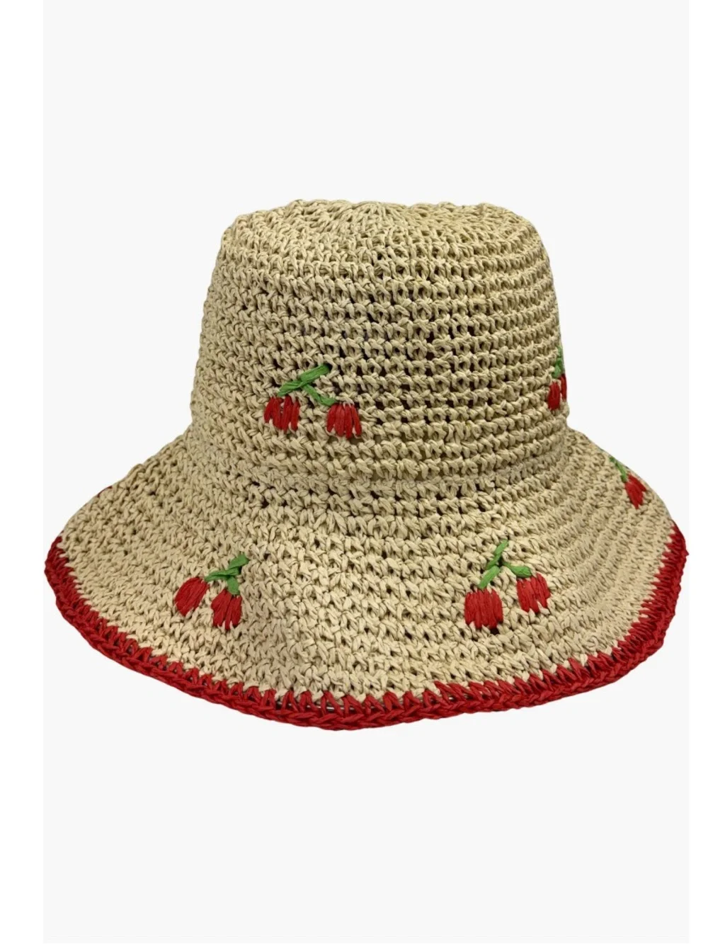 Hand-Crocheted Cherry-Accent Bucket Hat - Beige with Red Trim